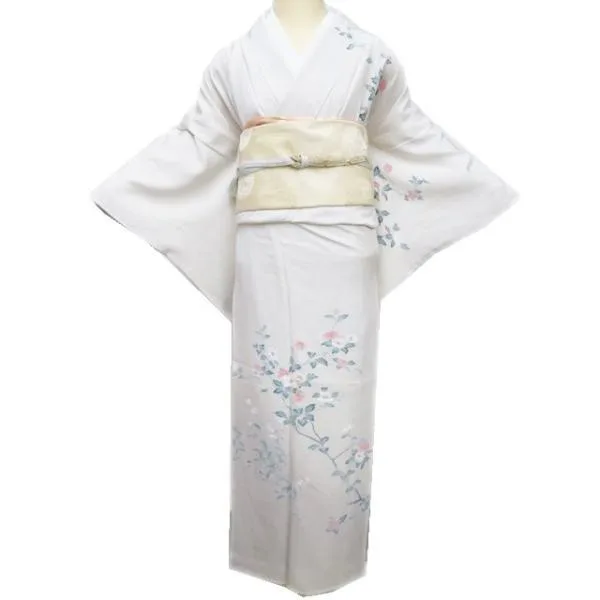 訪問着 着物 中古 正絹 袷 フォーマル 作家物 落款 花の図 暈し 灰白色 多色 身丈159cm 裄64cm M きもの北條 A1228-4
