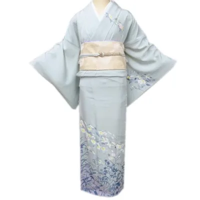 特選 訪問着 着物 中古 正絹 袷 フォーマル 作家物 落款 花の図 薄緑色 多色 身丈165.5cm 裄68cm L トール きもの北條 A1261-4