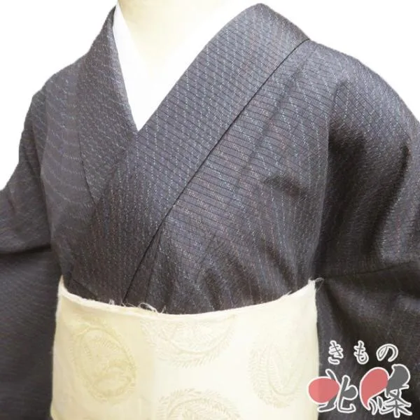 小紋 着物 未使用 正絹 紬地 袷 カジュアル 縮み ちぢみ 流線模様 墨色 多色 身丈159.5cm 裄64cm M きもの北條 A1325-5