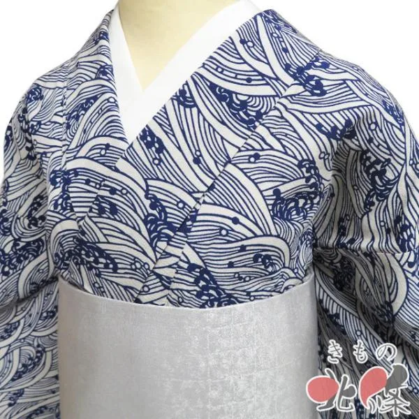 小紋 着物 中古 正絹 単衣 カジュアル 波文 灰白色 紺色 身丈158.5cm 裄64cm M きもの北條 A1338-1