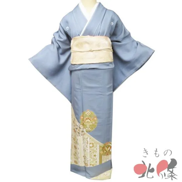 色留袖 着物 中古 袷 正絹 紋付 五つ紋 金駒刺繍 花鳥の図 鳳凰 紅碧色 多色 金 身丈168.5cm 裄68cm L トール きもの北條 A1342-13