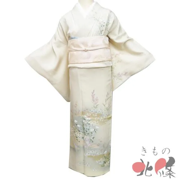 訪問着 着物 中古 袷 正絹 フォーマル 作家物 落款 花の図 淡黄蘗色 多色 金 身丈164.5cm 裄67cm L きもの北條 A1342-3