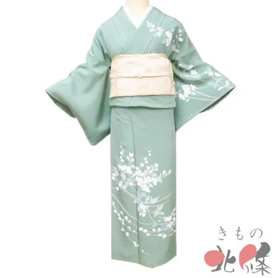 訪問着 着物 中古 正絹 袷 フォーマル 加賀友禅 藤藁隆 落款 花の図 青竹色 多色 身丈157cm 裄64.5cm M きもの北條 A1349-8
