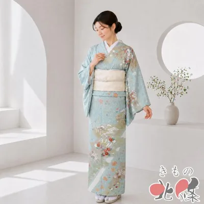 訪問着 着物 中古 正絹 袷 フォーマル 紋付 扇子に花の図 地模様 七宝 青磁色 多色 金 身丈166cm 裄69m L トール きもの北條 A1371-11