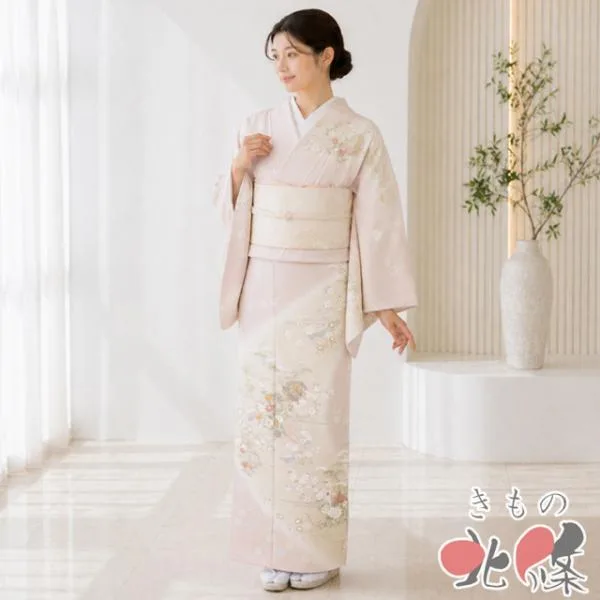 特選 訪問着 着物 未使用 正絹 袷 金駒刺繍 花の図 地模様 紗彩形 乙女色 多色 金 身丈166cm 裄68m L トール きもの北條 A1371-9