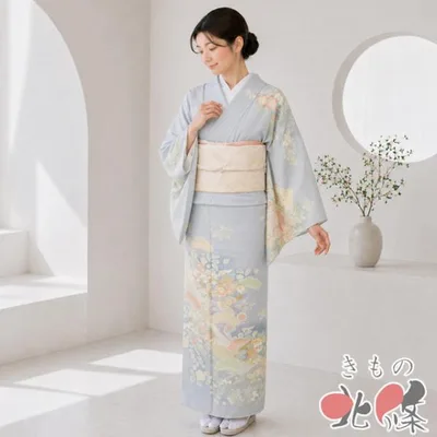 訪問着 着物 未使用 正絹 袷 金駒刺繍 花の図 暈し 青磁鼠色 黄系色 多色 金 身丈166.5cm 裄69cm L トール きもの北條 A1375-7