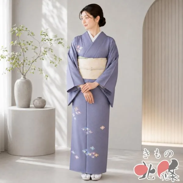 付下げ 付け下げ 訪問着 着物 未使用 正絹 袷 紋付 金駒刺繍 花菱模様 楝色 多色 金 身丈163cm 裄66.5cm L ワイド きもの北條 A1377-8
