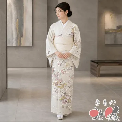 夏物 夏着物 訪問着 着物 中古 正絹 フォーマル 金駒刺繍 花の図 ベージュ色 多色 金 身丈154.5cm 裄65cm SA きもの北條 A1380-20