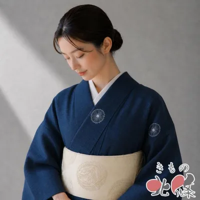 夏物 夏着物 小紋 着物 中古 正絹 カジュアル 刺繍 濃紺色 身丈152.5cm 裄61cm SA きもの北條 A1382-6