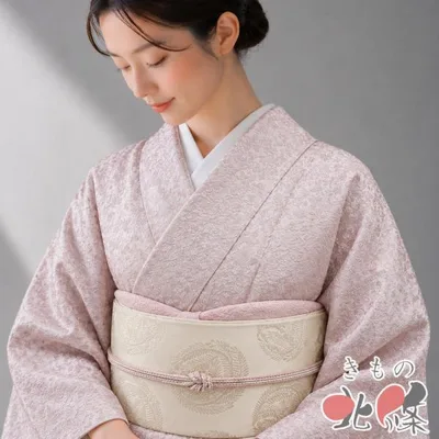 特選 色無地 着物 中古 正絹 袷 紋付き セミフォーマル 地模様 花模様 淡紅色 身丈173cm 裄69.5cm L トール ワイド きもの北條 A1401-1