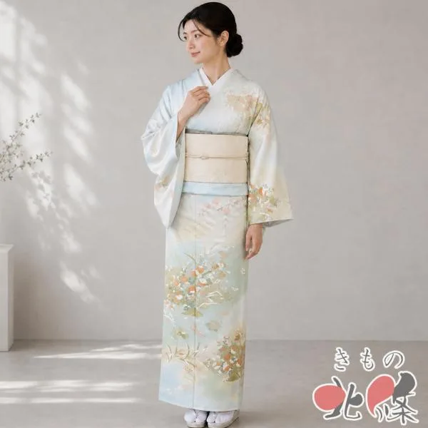 訪問着 着物 中古 正絹 袷 紋付 金駒刺繍 花の図 地模様 白藍色 多色 金 身丈165.5cm 裄69.5m L トール きもの北條 A1408-13