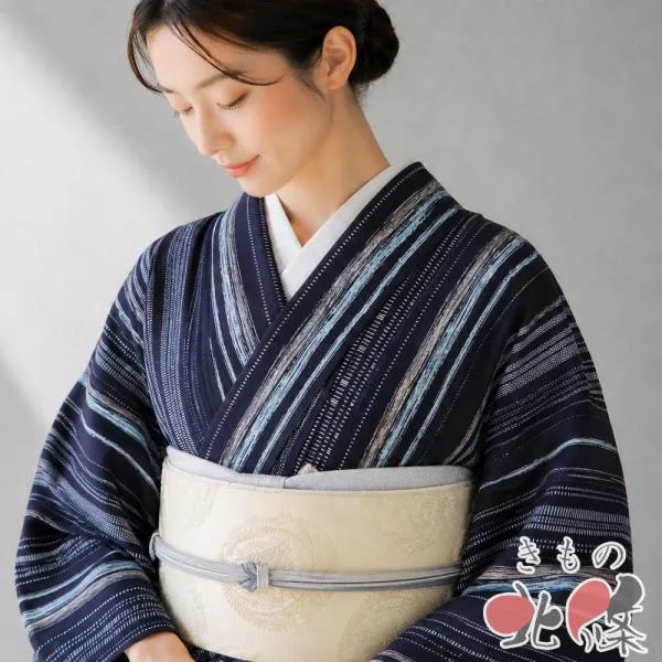 小紋 着物 未使用 正絹 袷 カジュアル 縦縞模様 点模様 黒色 多色 身丈168.5cm 裄64.5cm L トール きもの北條 A1408-6