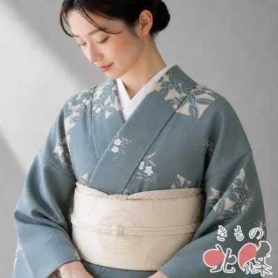 小紋 着物 未使用 正絹 袷 カジュアル 縮緬地 植物文様 花模様 老竹色 薄香色 身丈159cm 裄64.5cm M きもの北條 A1409-3