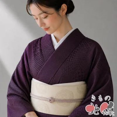 色無地 着物 中古 正絹 袷 紋なし 地模様 格子取り 割付文様 紫鳶色 身丈163cm 裄67cm L ワイド きもの北條 A1416-1