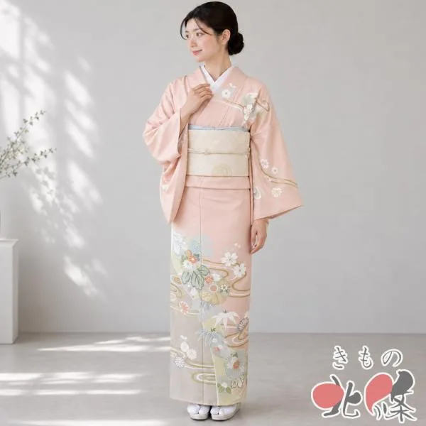 訪問着 着物 中古 正絹 袷 フォーマル 流水に花の図 乙女色 多色 金 身丈157.5cm 裄66cm M きもの北條 A1417-1