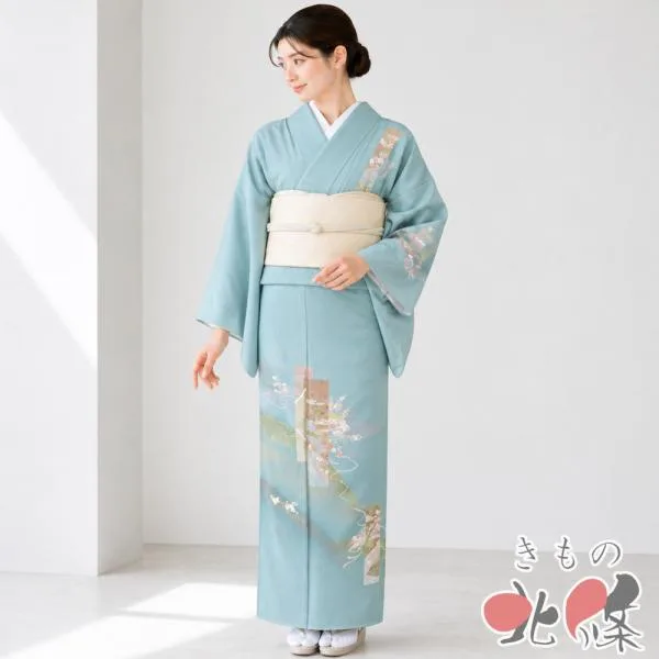 訪問着 着物 未使用 正絹 袷 フォーマル 短冊に風景 花 雲 暈し 千草色 多色 金 身丈167.5cm 裄69cm L トール きもの北條 A1417-7