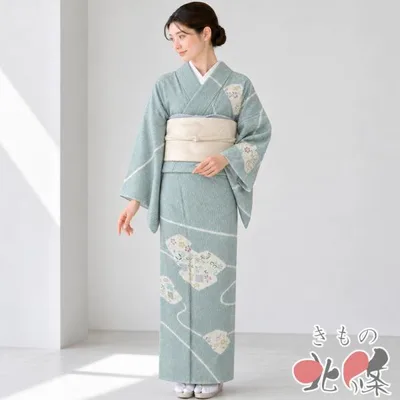 訪問着 着物 中古 正絹 袷 フォーマル 絞り染め 杢目模様 流線模様 七宝 青竹色 多色 身丈159cm 裄64cm M きもの北條 A1417-8