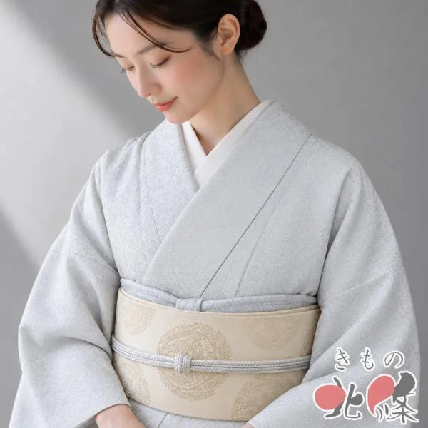 色無地 着物 中古 正絹 袷 紋付き セミフォーマル 地模様 花唐草模様 藍白色 身丈162cm 裄66.5cm M きもの北條 A1419-1