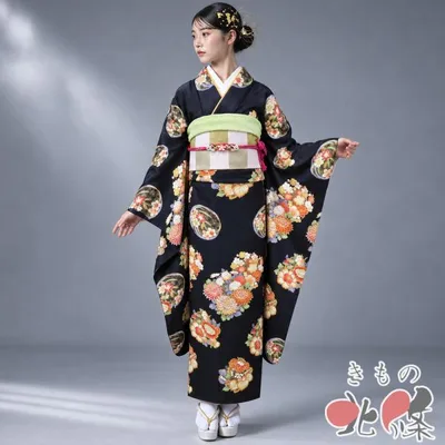 振袖 着物 中古 リサイクル 正絹 成人式 結婚式 結納 花模様 黒色 多色 金 身丈160.5cm 裄66cm M きもの北條 A1421-7