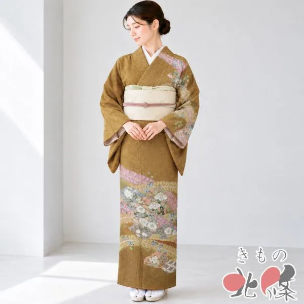 訪問着 着物 中古 正絹 袷 フォーマル 絞り染め 辻が花模様 金通し 唐茶色 多色 身丈160.5cm 裄67cm M きもの北條 A1423-7