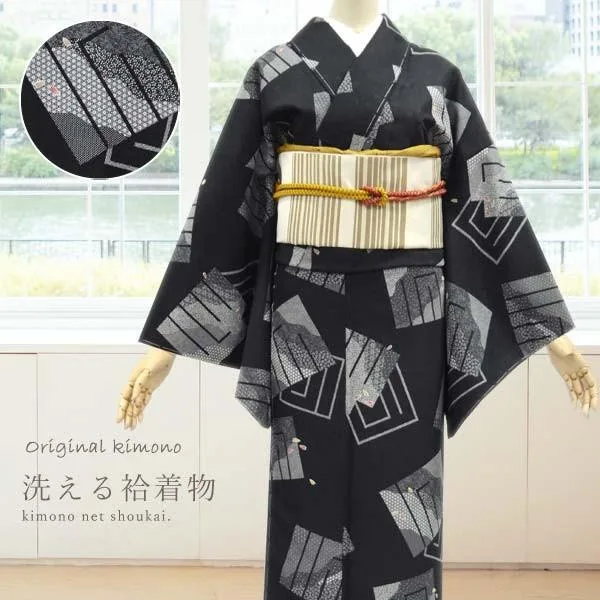 洗える着物 袷着物 黒 ブラック 源氏構図 M 小紋 単品 ポリエステル きものネット商会ブランド あわせ