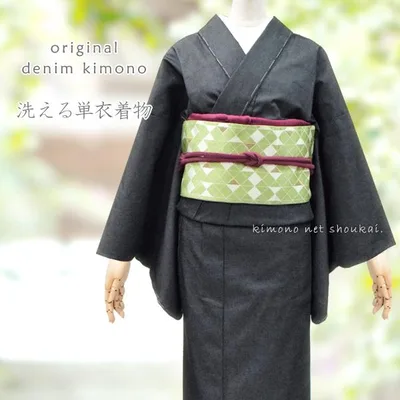 デニム着物 洗える着物 デニム着物 黒 ブラック レディース 単品 単衣 バチ衿 カジュアル 無地 シンプル 小さめサイズ 綿 S