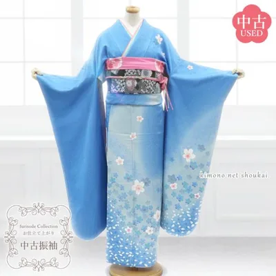 振袖 正絹 水色 青 桜 ぼかし ランクA お仕立て上がり 単品 成人式 古典 結婚式 卒業式 中古着物