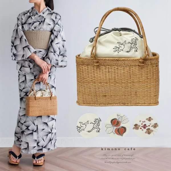 【30%OFF対象品】大人 アタ かご バッグ 浴衣 巾着 バッグ 全3柄 鳥獣戯画 ほおずき あじさい レトロ シンプル モダン 爆買 【LINE登録で5%OFF】