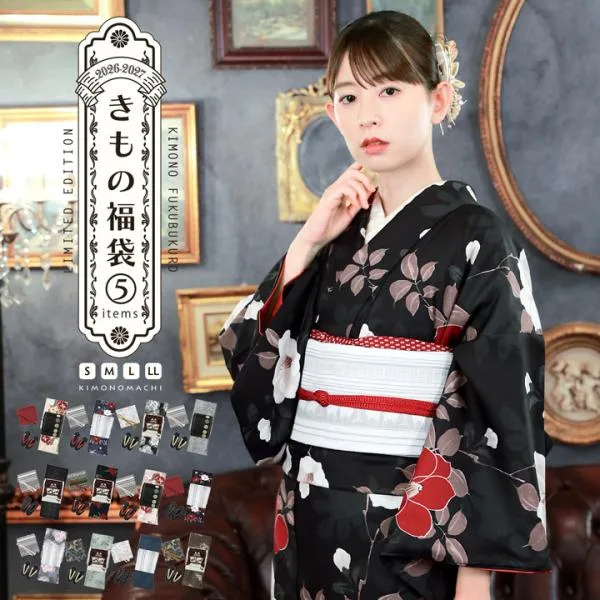 洗える着物 セット 「袷着物+京袋帯+帯揚げ+帯締め+草履の5点セット 全12柄」 KIMONOMACHI オリジナル きもの福袋 サイズS/M/L/LL 2026-2027新作