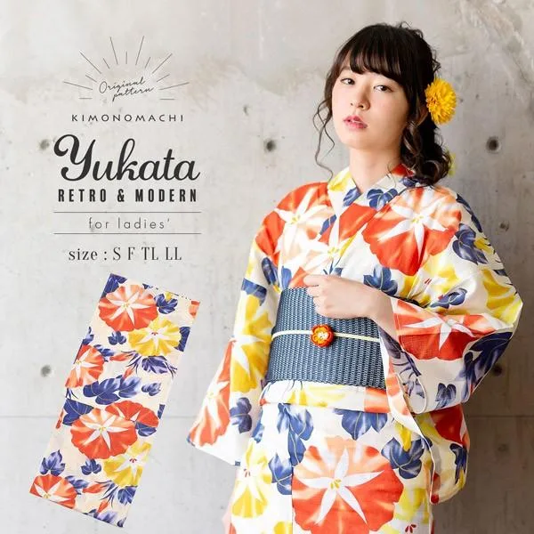 浴衣 レディース 単品 「朝顔 黄と赤」 S F TL LL サイズ レトロ モダン かわいい 大人 20代 30代 40代 (メール便不可)ss2512ykl50