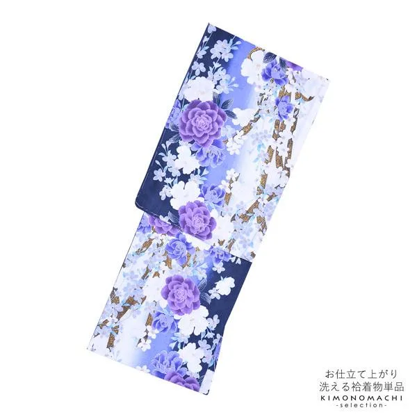 袷着物 単品「紫ぼかし 薔薇と桜」フリーサイズ 着物 小紋 洗える着物 お仕立て上がり カジュアル着物 レディース ポリエステル(メール便不可)
