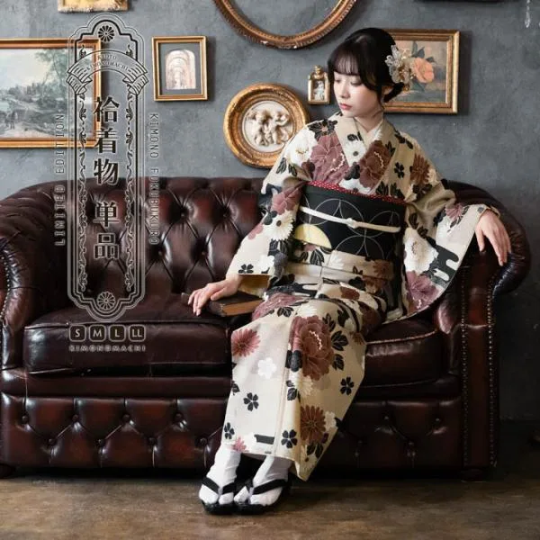 洗える着物 単品「雲に牡丹、花紋 利休白茶色」KIMONOMACHI オリジナル きもの福袋から飛び出た着物単品 サイズS/M/L/LL 小紋 レディース キモノ