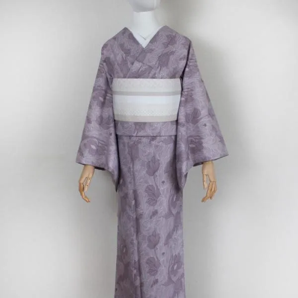 着物 小紋 洗える着物 袷 秋 冬 ポリエステル 裏地あり 洗濯 赤紫 パープル 草花 植物 かわいい カジュアル M お稽古 普段着 撮影 観光
