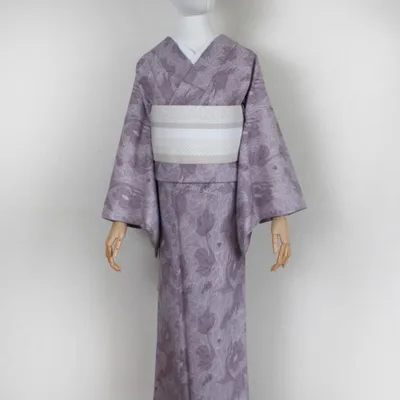 着物 小紋 洗える着物 袷 秋 冬 ポリエステル 裏地あり 洗濯 赤紫 パープル 草花 植物 かわいい カジュアル M お稽古 普段着 撮影 観光