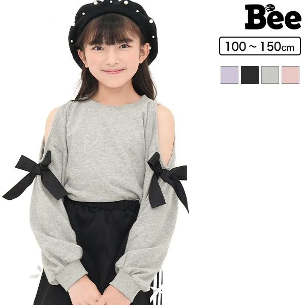 トップス 長袖 子供服 キッズ ジュニア 女の子 リボン クロップド丈 肩あき オフショル 無地 100 110 120 130 140 150