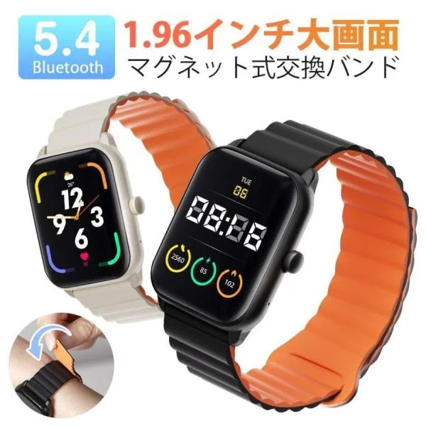 スマートウォッチ 通話機能付き 1.96インチ Bluetooth5.4 体温監視 IP68防水 心拍計 血圧測定 血中酸素測定 24時間健康管理 皮膚温変動測定 歩数計測 着信通知