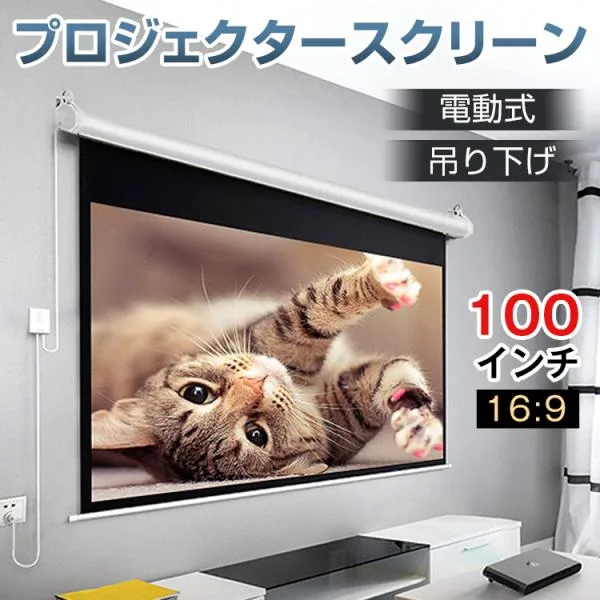 プロジェクタースクリーン 吊り下げ式 100インチ 16:9 電動 天吊り ロール式 大画面 ワイド ブラックマスク 映画 ホームシアター 自宅 授業 会議 超大型 家庭用