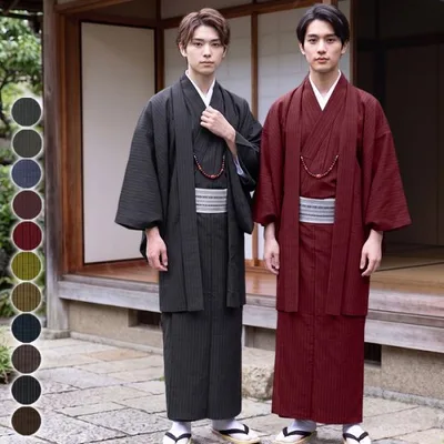 袷羽織着物 メンズ 2点セット 縞柄 (11colors S M L LL 3L 4L 5L) 洗える着物 洗える 着物 男アンサ 男 男性 和服 和装 きもの kimono 大きいサイズ 袷 紬