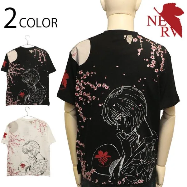 錦 nishiki × EVANGELION 綾波レイ浴衣姿 × 夜桜 和柄 半袖 Tシャツ 526355 和 半袖 Tシャツ エヴァ エヴァンゲリオン 綾波レイ 浴衣姿 桜 夜桜 月 刺繍 抜染