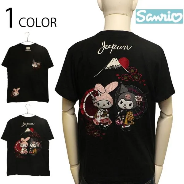 Sanrio サンリオ 着物 マイメロディ × クロミ 刺繍 半袖 Tシャツ SRO-2602 半袖 Tシャツ カットソー キャラクター マイメロディ クロミ 着物 桜 富士山 刺繍