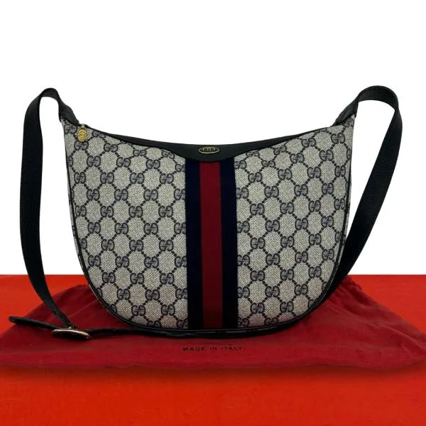 極 美品 袋付 GUCCI グッチ オールドグッチ シェリーライン GG ロゴ 柄 金具 レザー 本革 ショルダーバッグ ポシェット ネイビー 94571