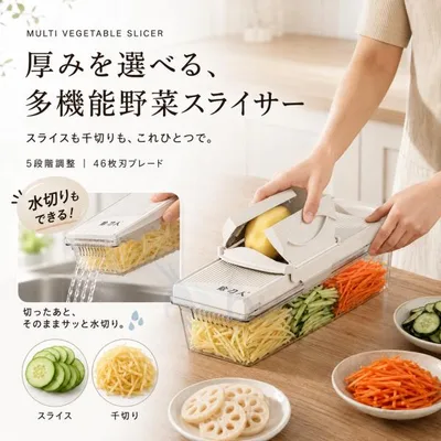多機能野菜スライサー 千切り器 野菜カッター 5段階厚み調整 46枚刃 替刃不要 スライド切替 安全ホルダー付きスライス 細切り 薄切り キッチン調理器具