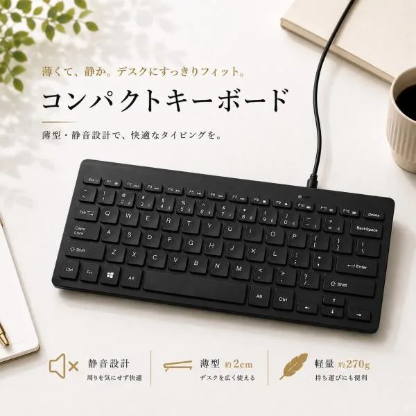 薄型有線キーボード 静音 コンパクトキー Mac&Windows対応 軽量 テレワーク 在宅勤務 パソコン用 ビジネス ゲーム おしゃれ USB接続