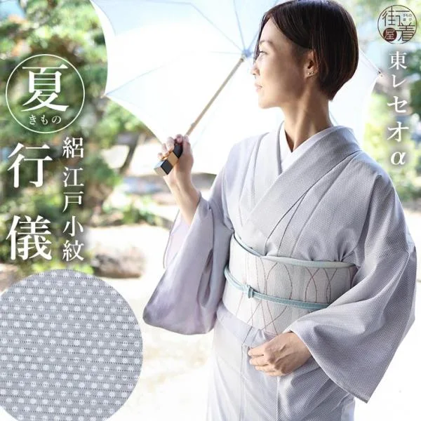 洗える 着物 夏 夏きもの 夏着物 絽 江戸小紋 行儀文様 銀鼠 M L 日本製 セオアルファ
