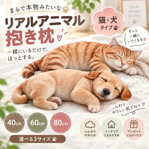 リアルアニマル抱き枕 猫 犬 ぬいぐるみ クッション 40cm 60cm 80cm 抱き枕 リアルプリント ふわふわ PP綿 癒し系 インテリア プレゼント 動物好き 柔らかい