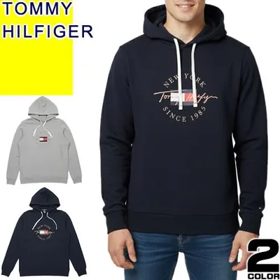 トミーヒルフィガー TOMMY HILFIGER パーカー フーディー プルオーバー スウェット メンズ ロゴ プリント 大きいサイズ ブランド 紺色 ネイビー グレー