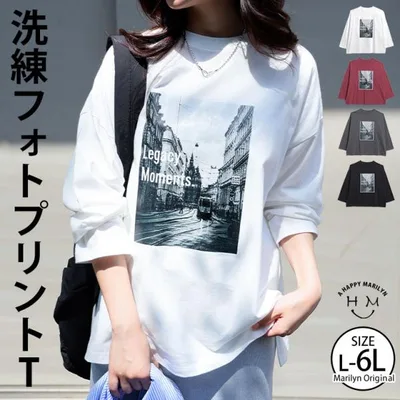 大きいサイズ レディース トップス 綿100% フォトプリント Tシャツ カットソー 綿100% コットン cotton LL 3L 4L 5L 6L 長袖 秋 秋 A