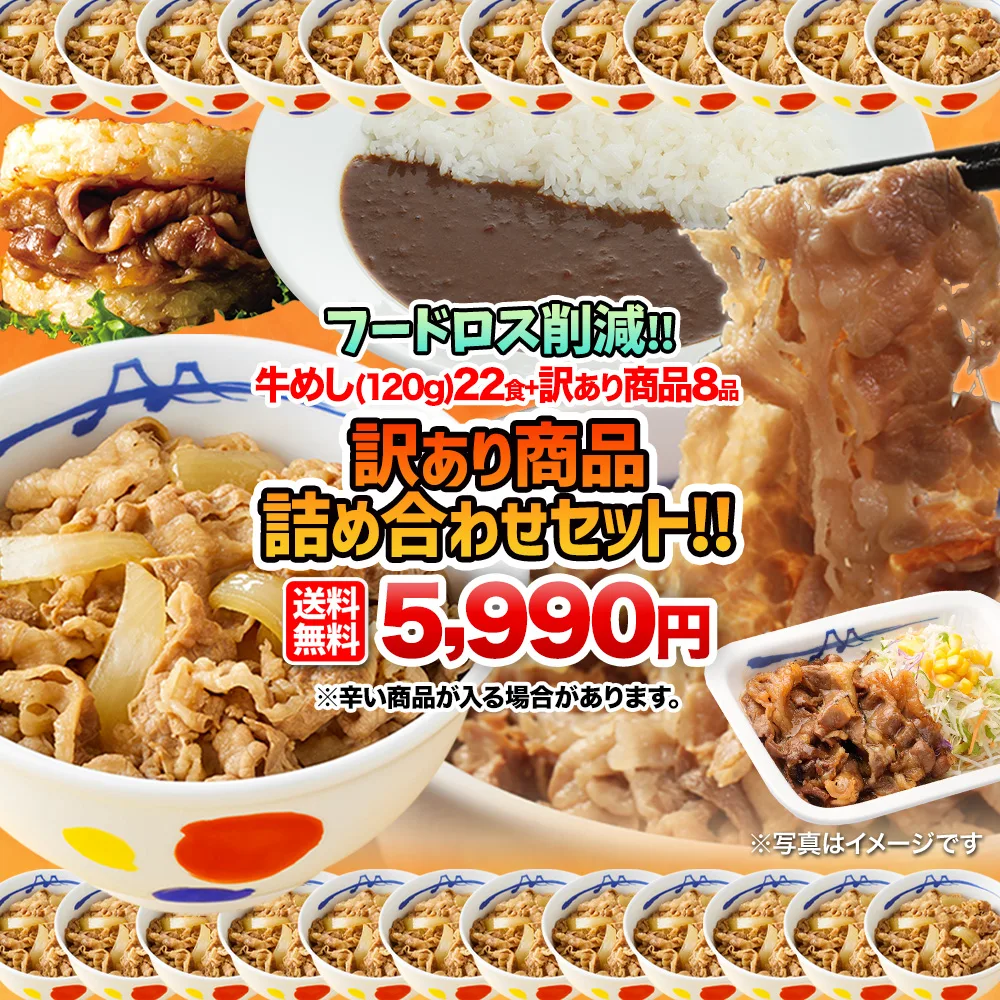 (1食200円!フードロス削減) 松屋 牛めし(120g)22食+訳あり商品(8品)計30食が入ったお得な訳あり商品詰合せ福袋! 訳あり 冷凍食品 賞味期限近い セット 非常食