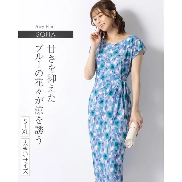 ワンピース ソフィア タイト エアリーフローラ ブルー opc8-040002 きれいめ 30代 40代 50代 着やせ 上品 大きいサイズ トールサイズあり ミモレ丈 半袖 春 夏