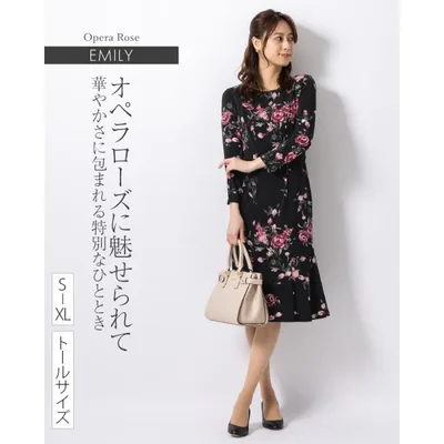 ワンピース エミリー オペラローズ opd6b-050002 きれいめ 30代 40代 50代 着やせ 上品 大きいサイズ トールサイズあり 膝丈 ひざ丈 九分袖 長袖 春 秋 冬